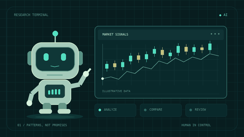 A research robot reviewing an illustrative market chart. The chart does not represent actual returns.